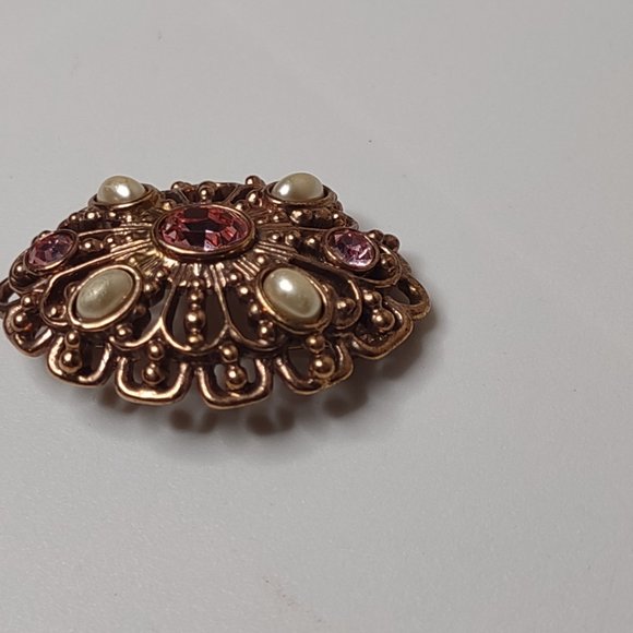 Vintage Gold Tone With Pink Stones Oval Shaped Brooch - Picture 8 of 16